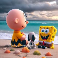 a cartoon character sitting on top of a sandy beach next to an animated spongebob