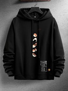 Black Casual Collar Long Sleeve Fabric Cartoon,Slogan Pullovers Embellished Slight Stretch  Men Clothing Cool Hoodies Designs, Dope Hoodies, Stylish Hoodies, Varsity Jacket Men, Hype Clothing, Vintage Hoodies, Mens Casual Dress Outfits, Guys Clothing Styles, Cool Hoodies