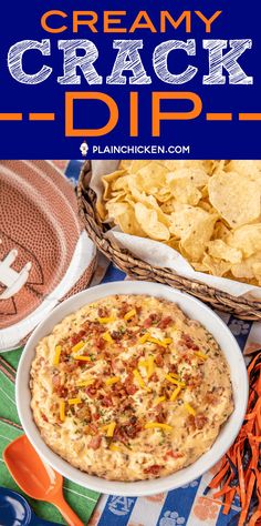 a white bowl filled with dip and chips on top of a table next to an orange football