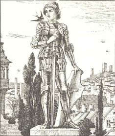 a drawing of a woman standing on top of a statue in front of a city