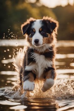 a brown and white dog jumping into the water