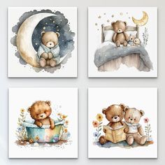 four watercolor paintings of teddy bears in bed