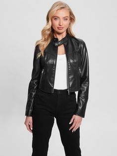 Faux-leather moto jacket Mock neck with snap closures Long sleeves with zip cuffs Dual zip pockets Zip closure Body: 100% Polyurethane. Lining: 83% Nylon, 17% Elastane/Spandex Brooklyn Aesthetic, Black Jacket Outfit, Goth Queen, Moto Jacket Outfit, Jeans Logo, Faux Leather Moto Jacket, Leather Jacket Black, Leather Moto, Leather Moto Jacket