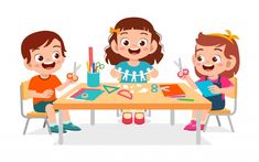 three children are sitting at a table with scissors and crafting supplies in front of them