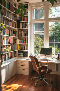 50+ Inspiring Office Built-In Ideas for Your Home Workspace Bookshelf In Home Office, Modern Office Library Design, Creative Room Interior, Home Office With Bookshelf, Desk Setup With Bookshelf, Writing Desk Ideas Inspiration, Bookshelf In Front Of Window, Small Home Office Library Ideas, Built In Bookshelves With Desk Living Room