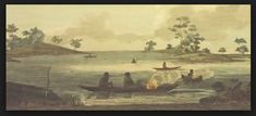 an old painting shows people on boats in the water