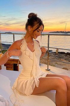 Halter Neck Ruffle Mini Dress Formal Mini Dress Aesthetic, Halter Mini Dress Outfit, Classy Mini Dress Outfit, Beach New Years Outfit, Classy Birthday Outfit Dresses, Formal Mini Dress Classy, Going Out Dresses Classy, White Summer Dress Aesthetic, Fancy Dinner Dresses