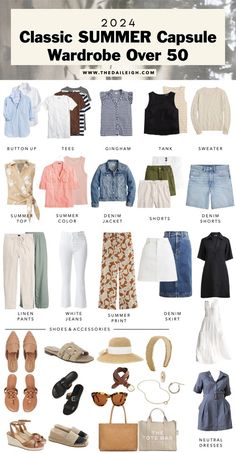 2024 Must Have Wardrobe Essentials for Women Over 70 — THE DAILEIGH Summer Office Outfits 2024, Summer Capsule Wardrobe 2024, Classic Summer Capsule Wardrobe, Triangle Outfits, White Jeans Summer, Capsule Style, Casual Travel Outfit, Mode Ab 50