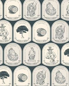 an image of wine labels with animals and people on them, all in black and white