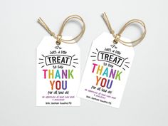 two tags with the words treat and thank written on them