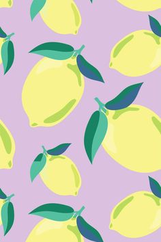 a pattern with lemons and leaves on a light purple background in pastel colors