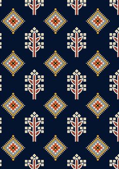 a blue background with red, white and yellow geometric designs on it's sides