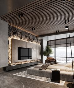 a modern living room with stone walls and flooring