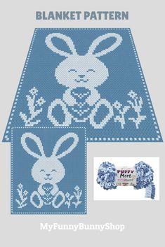 a blue and white bunny rug with the words, my bunny shop written on it