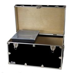 an open suitcase with a record player in it's bottom compartment on a white background