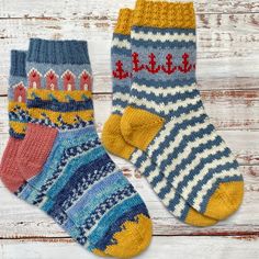 This listing is for two digital downloads of the patterns for my Beach Hut AND Anchor Socks.  As both socks use some of the same yarn colours I'm offering them together at a discount.  1 ball each of the following yarn colours will be enough to make 1 pair of Anchor Socks and 1 pair of Beach Hut Socks: Drops Nord Yarn: Denim Blue, Fog, Goldenrod, Old Pink, Off White, Red (you will only need a very small amount of Red, so any sock yarn you have in a similar colour will do) Drops Fabel Yarn: Shore Blue Fog, Heels Patterns, Work Socks, Hand Knit Socks, Beach Huts, Knitted Socks, Double Pointed Needles, Soft Sock, Bobble Stitch