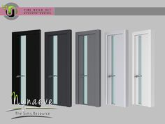 four different doors with glass panels on each one side and the other half closed, all in various colors