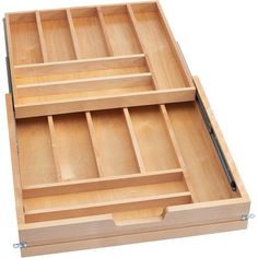 two wooden trays with dividers on each side and one empty drawer in the middle