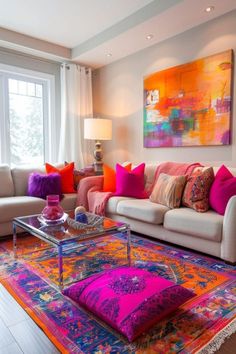 a living room filled with lots of furniture and colorful pillows on top of the couch