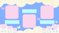 a pink and blue background with flowers, butterflies and bubbles in the middle that are shaped like rectangles