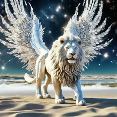 a white lion with wings standing in the sand on a night sky filled with stars