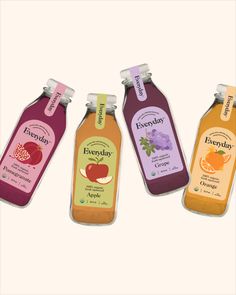 four different types of juices are shown in this image, each with their own label