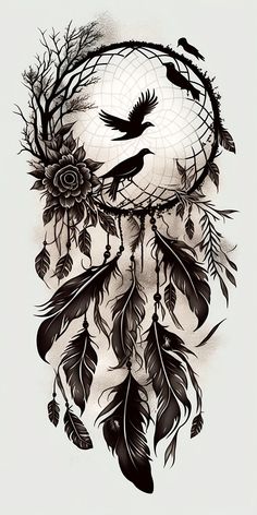 a drawing of a dream catcher with feathers and birds on it's side, in black