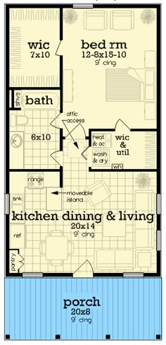 1-Bed New Orleans-Style House Plan with Large Front Porch - 700 Sq Ft - 55238BR | Architectural Designs - House Plans 16x32 Floor Plans, Deep Front Porch, Moveable Island, Large Front Porch, Tiny Beach House, Small Cottage House Plans, Backyard Cottage