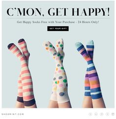 three women's socks with polka dots and stripes on them are featured in the front page of shoemint