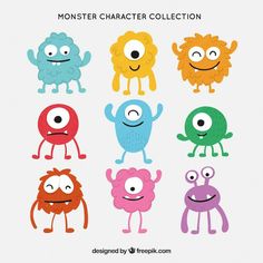 cartoon monster character collection in different colors and sizes, including one with an open mouth