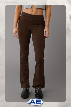 Next Level Stretch/Ultra-stretchy woven fabric/Elastic waist/Open back pockets/Fading details for that authentic denim look/These pants are Real Good: Made with the planet in mind & a promise to continue to do better. Mid-rise Brown Jeans For Work, Brown Mid-rise Jeans For Work, Stretch Pants With Five Pockets For Fall, Fall Stretch Pants With Five Pockets, Casual Brown Flare Jeans, Non-stretch Mid-rise Brown Jeans, Fall Straight Leg Jeggings With Pockets, Casual Brown Elastane Bottoms, Stretch Jeggings With Five Pockets For Work