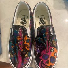 Vans Slip Ons Men’s Size 5 Women’s Size 6.5. Mushroom And Skull Design Nwot Vans Slip Ons, Shoes Vans, Mushroom Design, Vans Slip On, Skull Design, Womens Vans, Design Color, Vans Shoes, Slip Ons