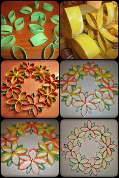 four pictures with different types of paper flowers and leaves on them, one is made out of