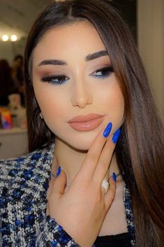 Blue Accent Eyeshadow, Make Up With Blue Eyeliner, Makeup To Compliment Blue Dress, Touch Of Blue Makeup, Blue Soft Makeup Looks, Hint Of Blue Eyeshadow, Lip Color With Blue Dress, Eye Makeup For Royal Blue Dress Prom, Simple Royal Blue Makeup Looks