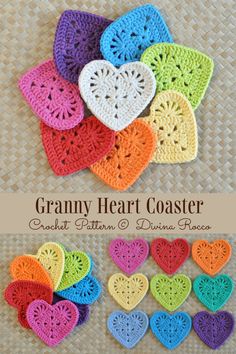 several crocheted hearts are arranged on a woven tablecloth with the words easy com