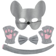 a cat mask, gloves and bow tie are shown in this image with the ears cut out