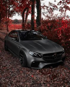 a car parked on the side of a road in front of trees with red leaves