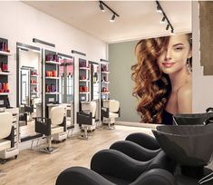 a hair salon with chairs and shelves full of products