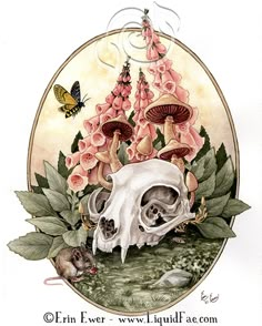 a watercolor painting of a skull and flowers on a white background with butterflies flying over it