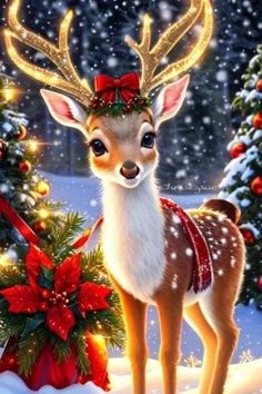 a deer standing next to a christmas tree