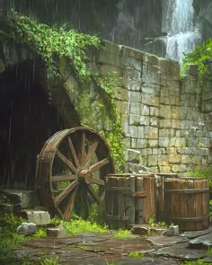 there is a water wheel in front of a waterfall and some barrels on the ground