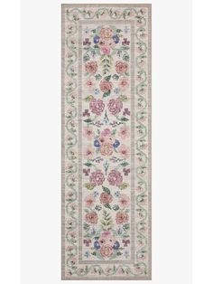 a rug with flowers and leaves on the bottom in pink, green and white colors