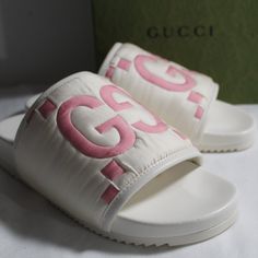 All Of My Items Are Guaranteed 100% Authentic You Are Looking At A Beautiful Designer Pair Of Shoes Made By Gucci Size 40 Maxi Gg Padded Fabric Uppers Brand New With Box, Gucci Cards And Dust Bag Designer Slide Sandals With Cushioned Footbed, Gucci Slip-on Sandals With Rubber Sole, Designer Open Toe Slides With Rubber Sole, Designer Cushioned Slides Slip-on, Designer Beach Slides With Cushioned Footbed, Designer Cushioned Slip-on Slides, Gucci Open Toe Slides With Removable Insole, Gucci Leather Slides For Summer, Designer Gucci Slides