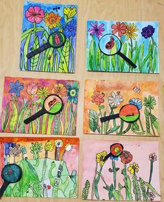 four paintings with flowers and magnifying glass on top of them, all painted in different colors