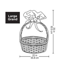 a drawing of a basket with a bow on the top and bottom, measurements for each item