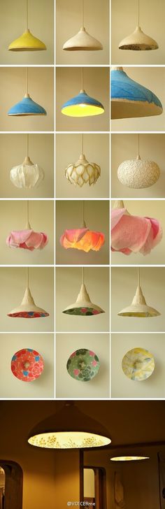 many different colored lamps hanging from the ceiling