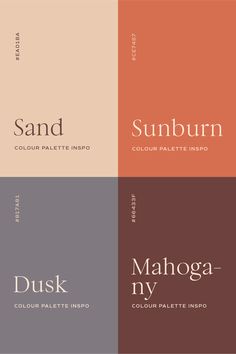 four different color palettes with the words sunburn and mahoga ny