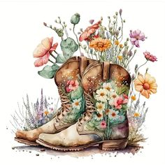 a pair of boots with flowers and leaves on the inside, painted in watercolor