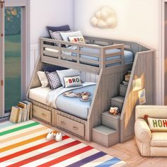 a child's bedroom with a bunk bed and stairs