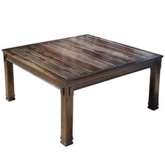 a square wooden table with metal legs on an isolated white background for use as a coffee table